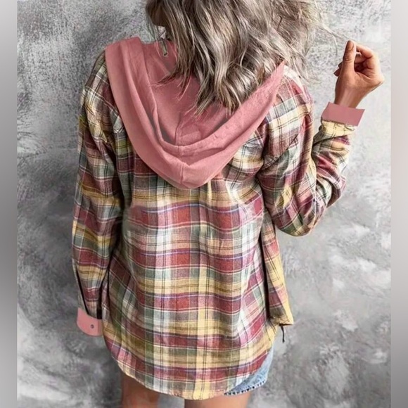 Classic Plaid Checkered Hoodie Button Down Up Shirt Top - Picture 3 of 7